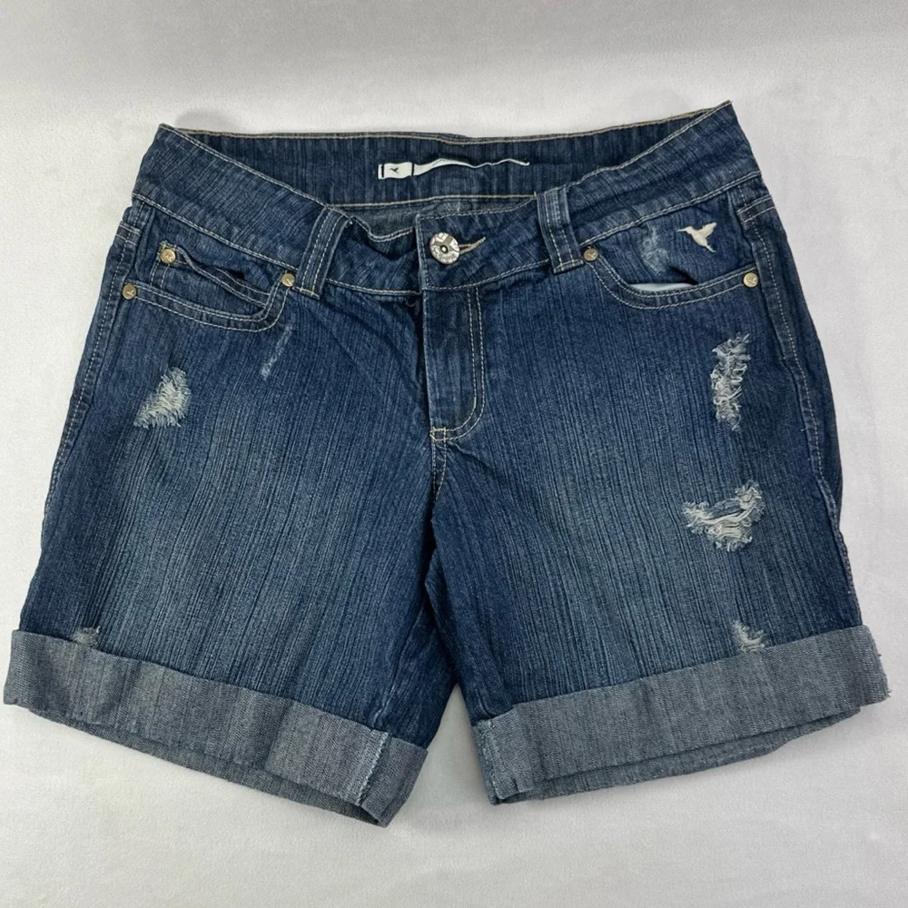 Grane Blue Denim Cuffed Distressed Jean Shorts